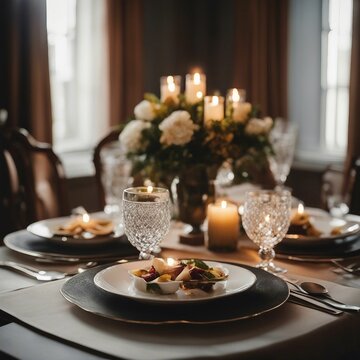 Elegant Evening: Table Set with Glowing Candles and Exquisite Plates to Illuminate the Ambiance