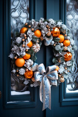winter evening on snow covered christmas wreath, in the style of light black and orange. AI generativ.