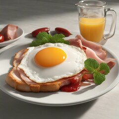 Fototapeta premium Delicious Breakfast Plate with a Fried Egg and Flavorful Ham - Traditional Comfort Food