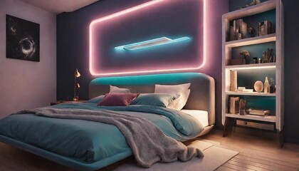 A high-energy futuristic bedroom with neon accents, where the neon-lit headboard and glowing nightstand pulsate to the beat of your favorite music