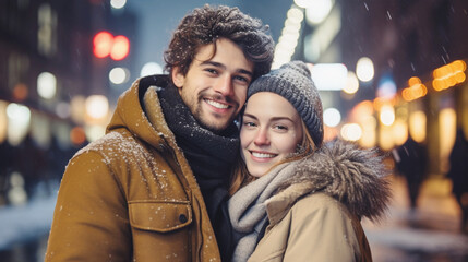 雪降る冬の街角で笑顔のカップル  Smiling Couple in snowing city - obrazy, fototapety, plakaty