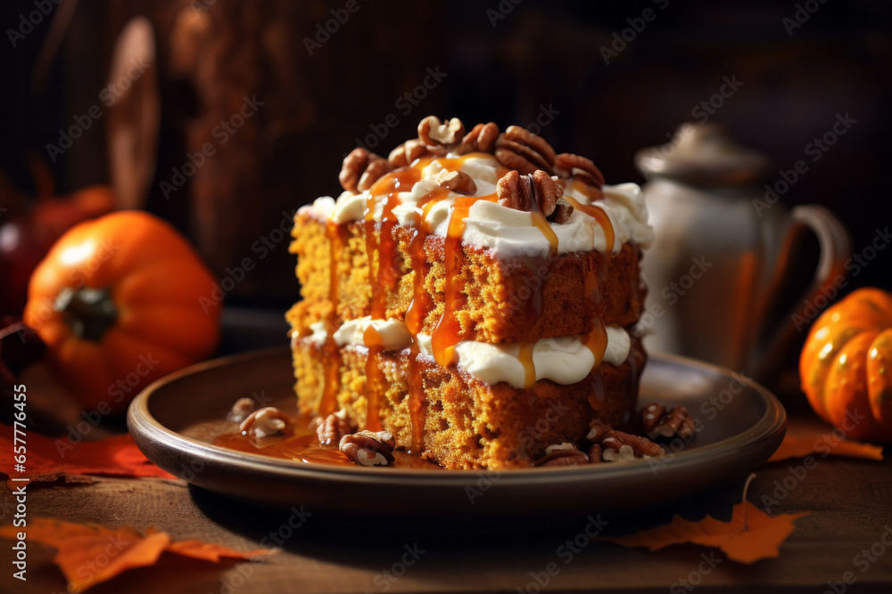Wall mural Delicious pumpkin cake with creamy filling walnuts and honey syrup on wooden table in rustic kitchen interior. Homemade pastry concept - Wall murals