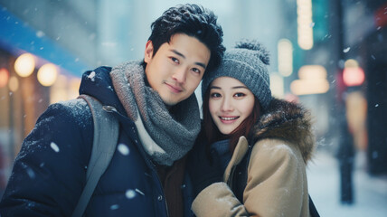 雪降る冬の街角で笑顔のアジアのカップル  Smiling Asian Couple in snowing city - obrazy, fototapety, plakaty