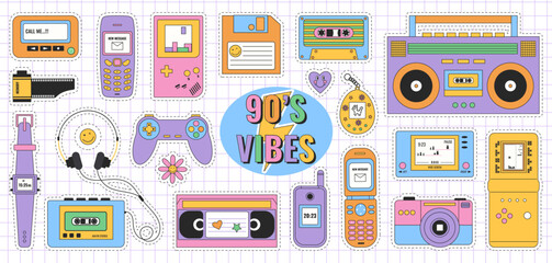 Nostalgia for the 90s. Y2k sticker. Collection of colorful cute stickers in 90s style. Vector illustration on a checkered background. Retro set of icons of 90s. 