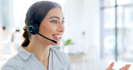 Callcenter, communication and contact us, happy woman and phone call with telecom or customer service. Conversation, headset and mic with help desk and talking for telemarketing sales and consultant