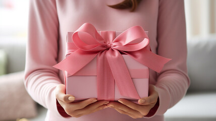 ピンクのプレゼントを渡す女性 Girl giving pink gift box - obrazy, fototapety, plakaty