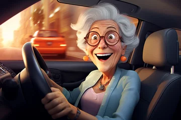 Plexiglas foto achterwand surprised elderly woman drives a car and smiles,the concept of active old age,cartoon illustration © Наталья Лазарева