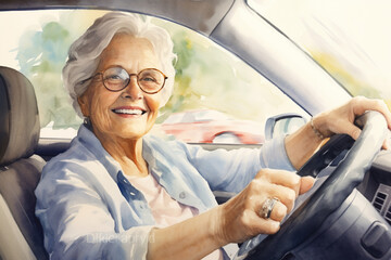 elderly elegant woman drives a car and smiles,the concept of active old age,watercolor illustration - obrazy, fototapety, plakaty