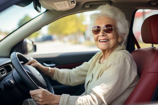 smiling elderly woman in sunglasses driving a car