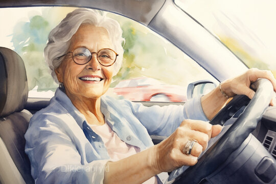 elderly elegant woman drives a car and smiles,the concept of active old age,watercolor illustration