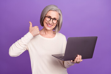 Photo of pensioner businesswoman thumb up recommend say yes for modern technologies use laptop...