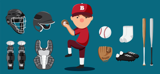 Baseball equipment set. Bat, ball, softball gloves, batting helmets, catcher gear and leg guards. - obrazy, fototapety, plakaty
