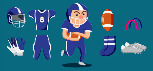 American football player cartoon and equipment set