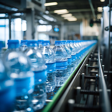 Water bottles on a conveyor belt in a food processing facility. Generative ai. 