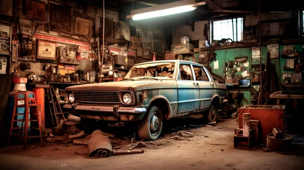 Deurstickers vintage car in the garage © Fantastic