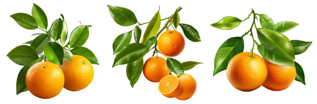 Citrus Orange Fruits and Green Leaves on Isolated Transparent Background - Citrus Orange Tree Branch isolated on a transparent background