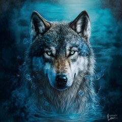 Tattoo design A fierce powerful wolf portrait standing tall in shallow water piercing blue eyes staring fiercely into the distance The wolfs muscles are tense ready for action as it exudes an air of 