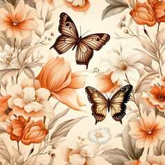 watercolor seamless pattern with butterflies and flowers in the style of light orange and dark beige