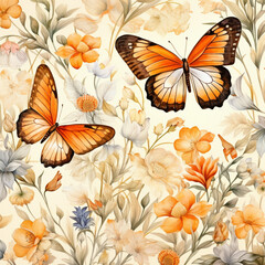 watercolor seamless pattern with butterflies and flowers in the style of light orange and dark beige