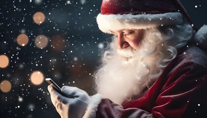 Santa Claus checking his mobile phone, with lights and snowflakes in the background