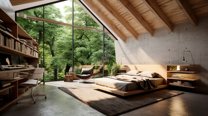 modern interior design of bedroom with wooden floor