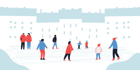Happy people ride an ice rink during the winter season. Vector cartoon modern flat illustration. Man, woman and kids ice skating on indoor ice rink. Scandinavian design. Big horizontal banner. - obrazy, fototapety, plakaty