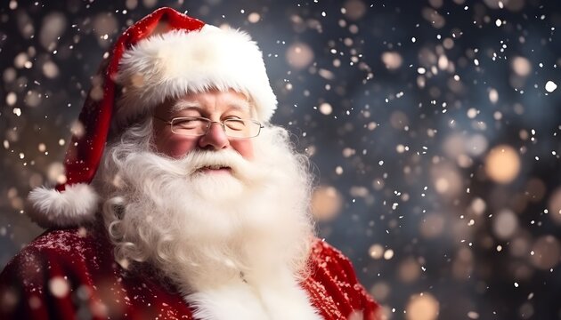 Santa Claus smiling, with lights and snowflakes in the background