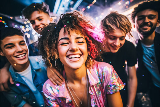A company of joyful happy young people in sparkling dresses clothes smile and pose for camera. Party, disco nightclub