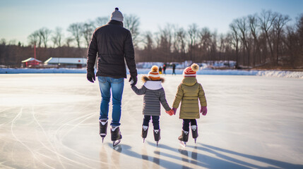 Happy family spending time together at outdoor ice skating rink. Skating on ice rink at Christmas...