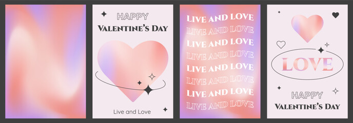 Set of Valentine`s Day posters in Y2K aesthetics, vector illustrations with gradient hearts and thin black line frames, stars and sparkles.
