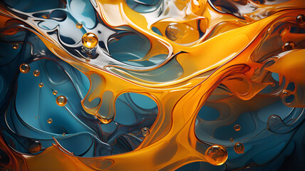 Oil splash with drops in orange and blue colors, background, wallpaper and copy space. AI generated.