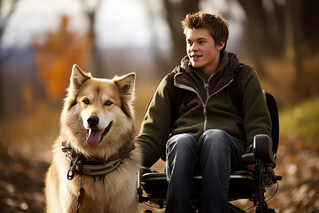 Teenage boy in wheelchair with his dog in the autumn park. - obrazy, fototapety, plakaty