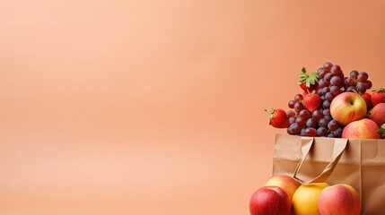 Healthy fruits in paper bag on pale red, copy space