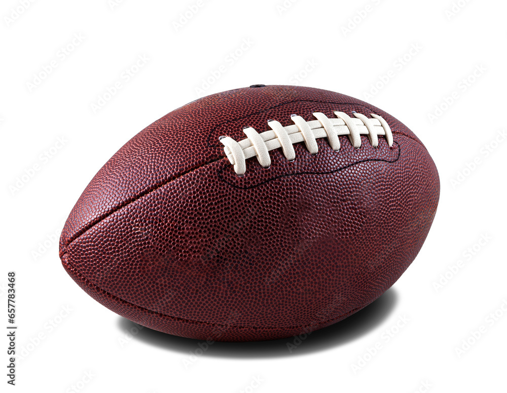 Wall mural brown american football ball with white cords isolated with shadow.