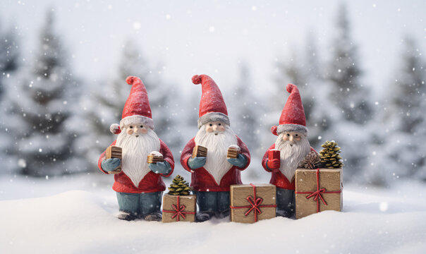 Christmas gnomes with Christmas presents around a snowy forest, Christmas style. generative Ai