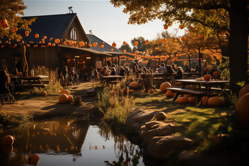 Lively harvest festival with people enjoying activities like apple bobbing, face painting, and pumpkin carving