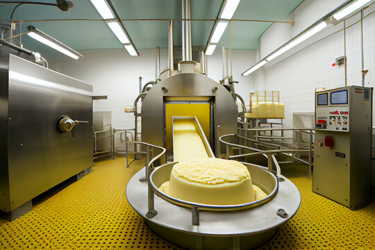Cheese factory. Ready ripening cheese lies on the shelves. Cheese factory, abstract illustration.