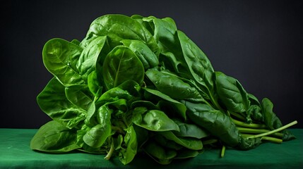 healthy Spinach on isolated Dark Green, copy space