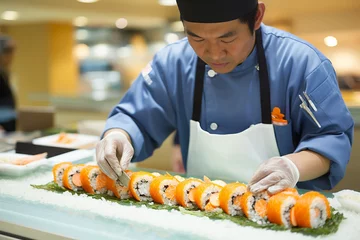 Fotobehang Sashimi and sushi of Japanese cuisine on a wooden board. Raw salmon, tuna, tuna, shrimp, squid, seaweed and other seafood. © Ksenia Belyaeva