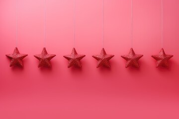 Row of hanging red stars on pink background