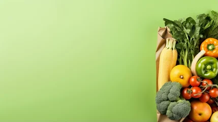 Deurstickers Healthy vegan vegetarian food in paper bag vegetables and fruits on green, copy space © Noreen