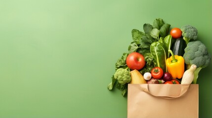 Healthy vegan vegetarian food in paper bag vegetables and fruits on green, copy space - obrazy, fototapety, plakaty