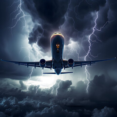 Airplane in a storm surrounded by lighting. A travel concept representing traveling in bad weather. Generative ai. 