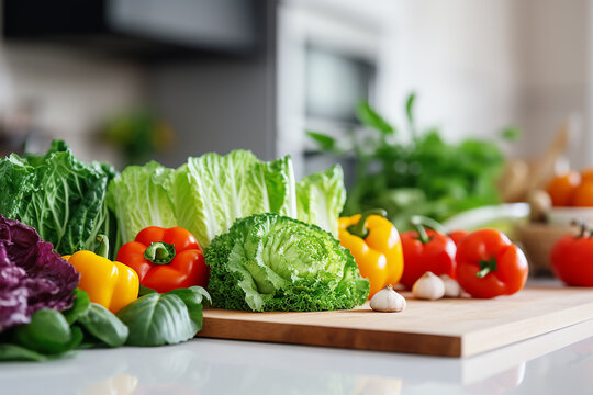 Fresh vegetables on the table in the kitchen. Healthy food concept.