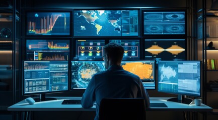 stock and forex trader concept. man in front of computer multiple screens. business process automation computer monitor from analytics data graph.