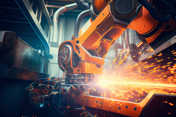 Machine tool robot welder, heavy engineering, metal processing plant. - obrazy, fototapety, plakaty