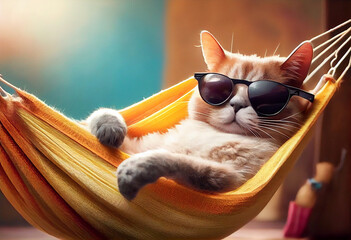 Cheerful illustration, the cat relaxes in a hammock. Cat in sunglasses. AI generated. - obrazy, fototapety, plakaty