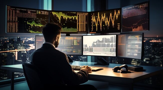 stock and forex trader concept. man in front of computer multiple screens. business process automation computer monitor from analytics data graph.