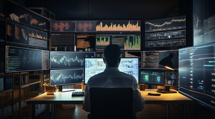 stock and forex trader concept. man in front of computer multiple screens. business process automation computer monitor from analytics data graph.