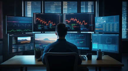 stock and forex trader concept. man in front of computer multiple screens. business process automation computer monitor from analytics data graph. - obrazy, fototapety, plakaty
